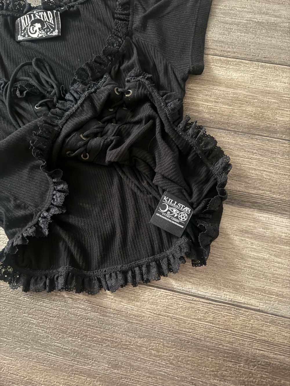 Killstar Black Lace-Up Ruffle Crop Top - Picture 4 of 5